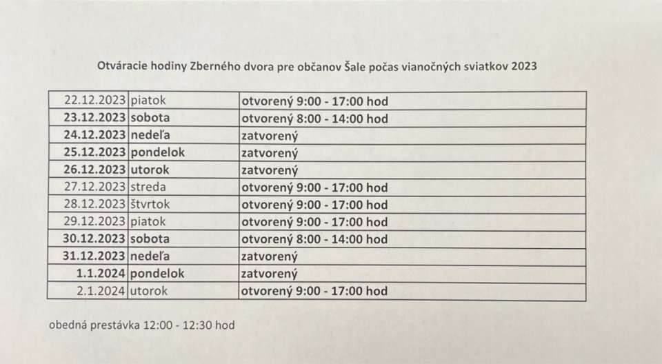Otváracie hodiny zberného dvora počas sviatkov